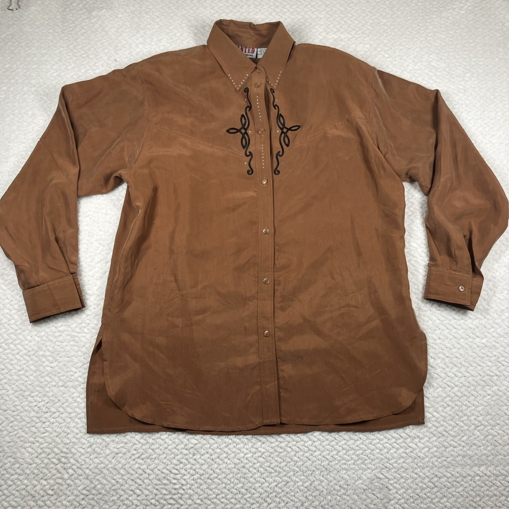 VTG Wanted 100% Silk Shirt Blouse Med Button Up Brown Rodeo Embroidered Cowgirl